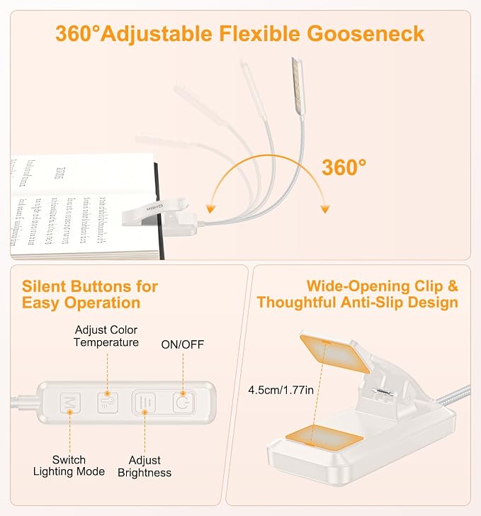 Gritin 2026 Gen 2 Book Light for Reading- 30 Eye Caring Full Spectrum LED | 5 Colors & 5 Brightness, Adjustable Wide/Narrow Beam, Upgrade 1500mAh Long-Lasting Rechargeable Clip on Light-White