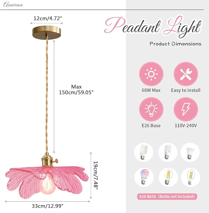Pink Glass Pendant Lights Fixtures Flower Hanging Ceiling Light Girls Room Mid Century Pendant lamp Gold Chandelier for Kitchen Island Dining Room Foyer Cafe