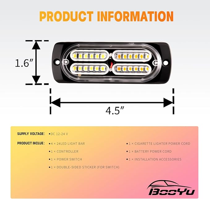 BooYu 4-pcs Sync Feature LED Emergency Strobe Lights Ultra Slim Grille Surface Mount Flashing Warning Hazard Light Bar w/Controller for Construction, Firefighter, Trucks, Vehicles, Car (Red/White)