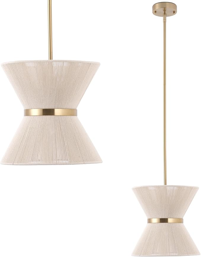 Pendant Kitchen Island Lights,12.2” Rattan Pendant Light for Dining Room | Handwoven Natural Rope Shade, Small Boho Chandelier for Kitchen Dining Room, Gold Metal Finish, Adjustable Hanging Height