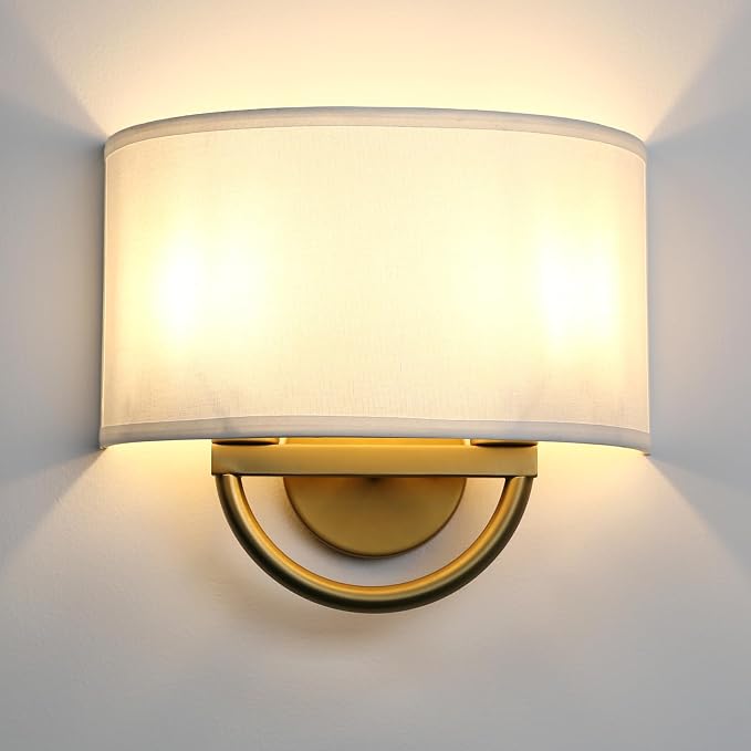 Industrial 2-Lights Wall Sconce Fixture with White Fabric Shade, Double Arm Wall Light Lamps Decor for Hallway Bedroom Living Room Bathroom Stairway