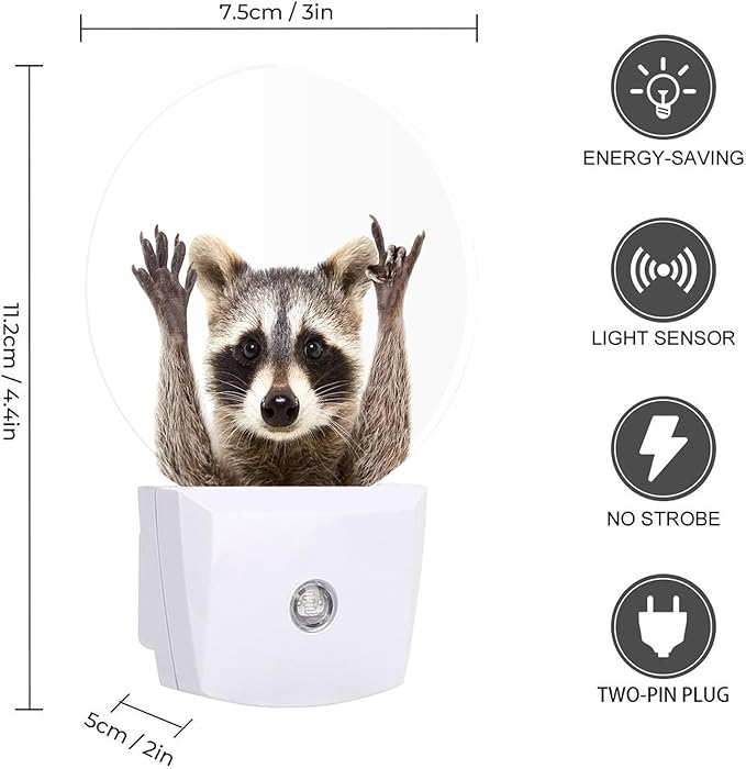 Round LED Night Light,Funny Cute Raccoon LED Night Light Plug into Wall with Dusk to Dawn Light Sensor White Energy Efficient Nightlight for Bedroom Bathroom Hallway Living Room Kitchen