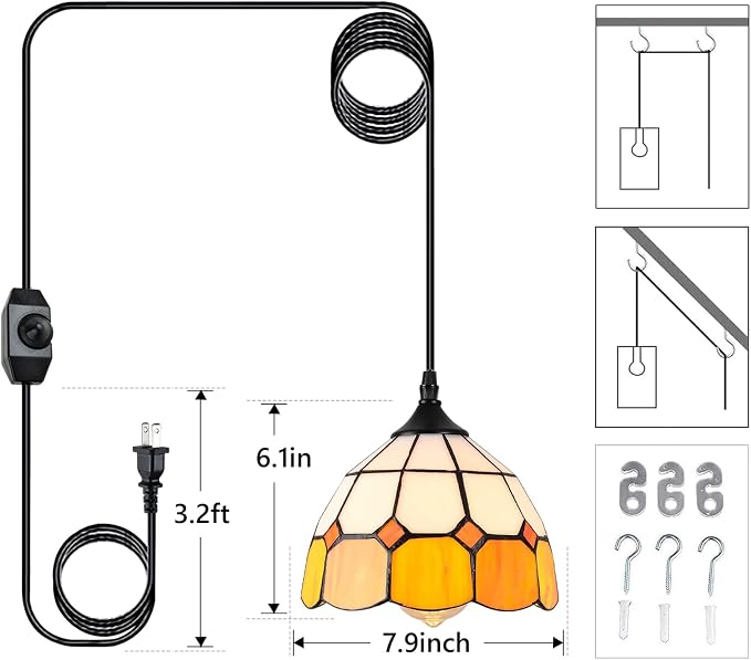 Tiffany Hanging Pendant Light - Dimmable Mini Plug in Light Fixture, Perfect Vintage Swag Ceiling Lamp for Dining Room, Bedroom or Porch,16.4 Ft Hanging Cord, 7.9" Width