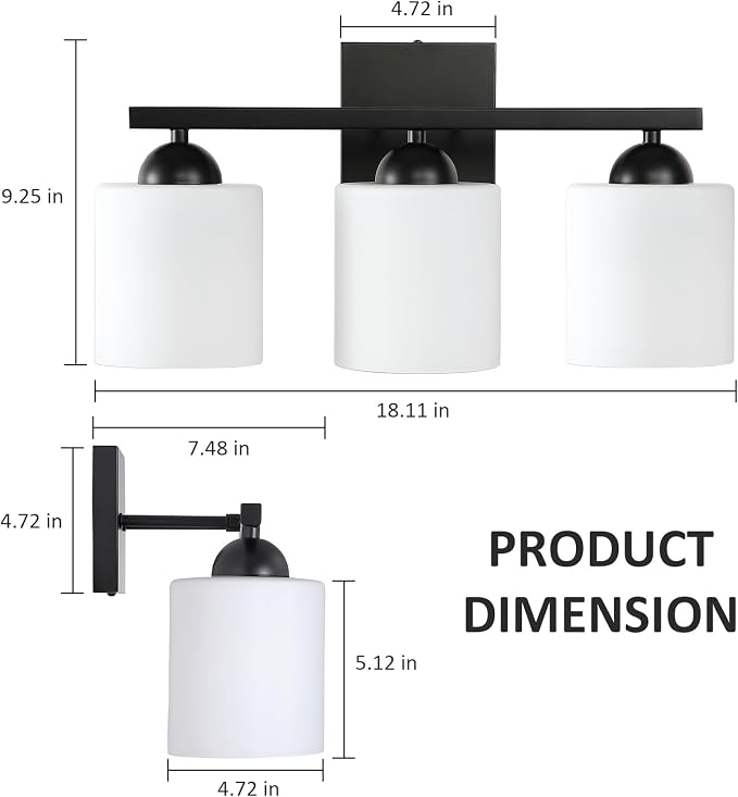 3-Light Matte Black Bathroom Vanity Light, Modern Bathroom Light Fixtures Over Mirror, Farmhouse Wall Sconce with Milky White Glass Shades, E26 Socket