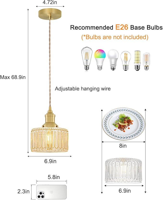 Rustic Pendant Light Set of 2, Brushed Gold Pendant Lights Kitchen Island with Amber Glass Shade, Brass Kitchen Pendant Lighting over Island, Adjustable Hanging Light for Hallway Bathroom Dining Room