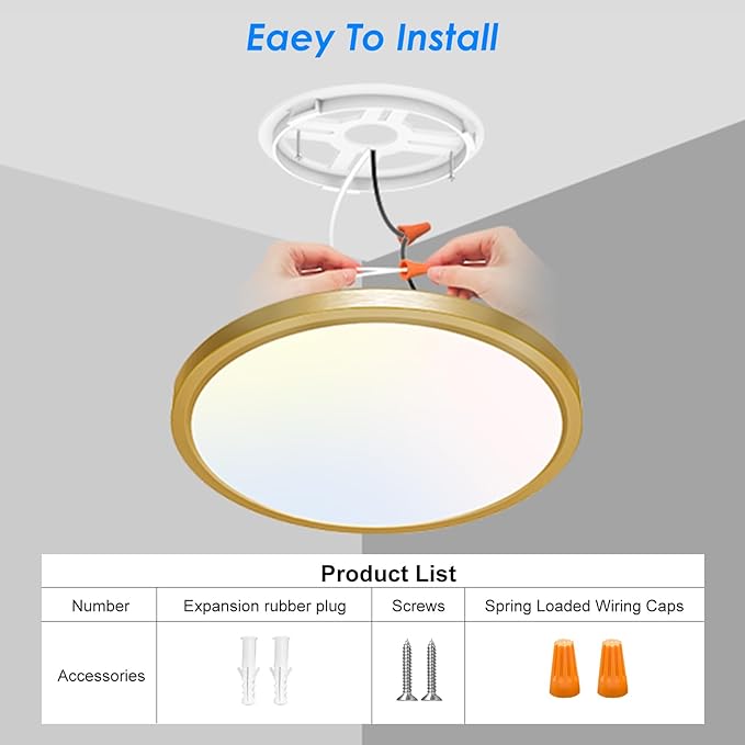 Peasur 7 Inch LED Ceiling Light Gold, Small 15W Slim Flush Mount Ceiling Light 3000K/4000K/6500K Adjustable, Modern Round Ceiling Lighting for Bedroom, Living Room, Kitchen 1Pack