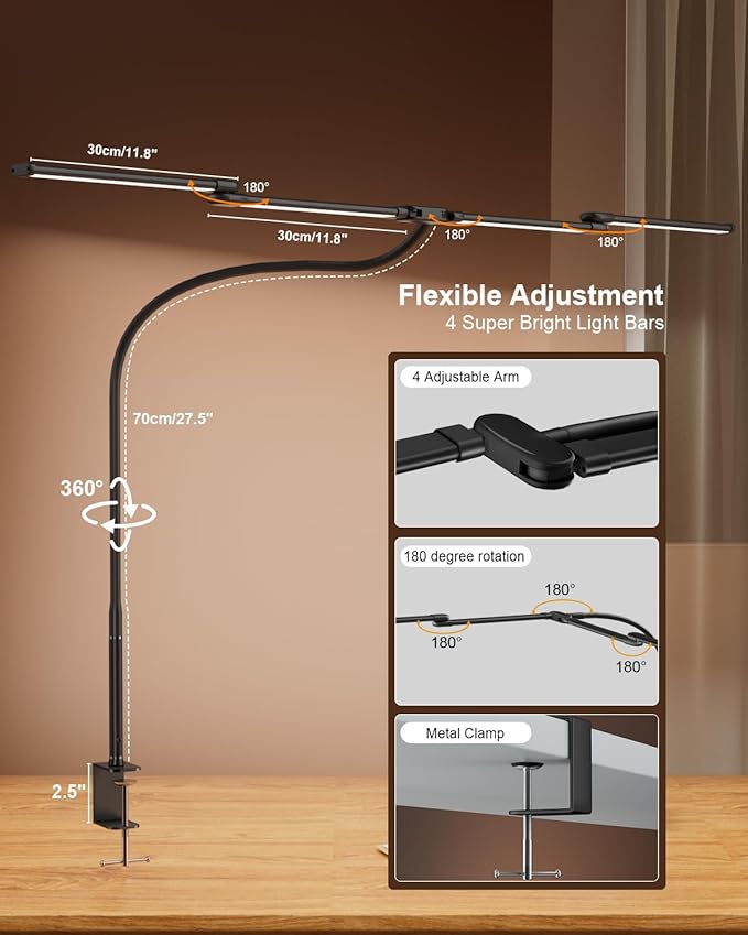 Desk Lamp Clamp Light 24W, Ultra Wide 4 Head Bars, 5 Color Modes Dimming, Multi-Screen Setup for Office, Architect, Black, Aluminum, Adapter Included