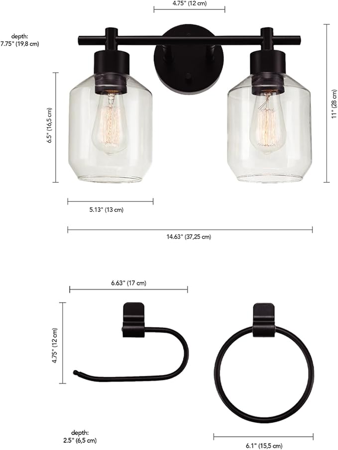Globe Electric 3-Piece Powder Room Set, Matte Black, 2-Light Vanity with Clear Glass Shades and Matching Hardware, 51850
