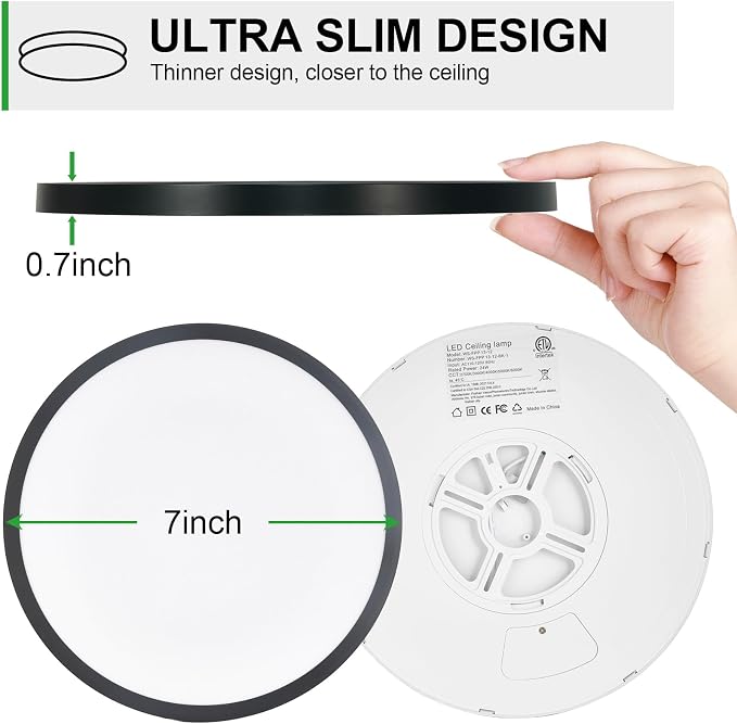 LED Flush Mount Ceiling Light: 7 inch 2Pack Super Slim Dimmable & 5CCT (2700-6500K) Kitchen Lighting Fixtures Ceiling - 12W Black Low Profile Ceiling Lamp for Bedroom Garage Hallway