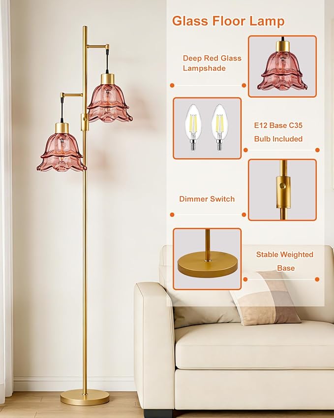 Lightdot 65IN Gold Flower Floor Lamp for Living Room, 2- Light Dimmable Floor Lamps with Deep Red Glass Lampshade,3000K Warm White Modern Standing Tall Lamp for Bedroom Sofa Beside Corner Decor