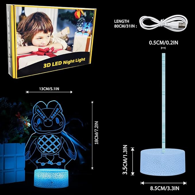 3D Night Light, 16 Color Changing Cartoon USB Desk Lamp Illusion Lighting with Remote Control for Home Decor Gift for Kids.