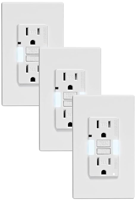 Leviton GFCI Outlet with Guidelight,15 Amp,Self Test,Tamper-Resistant with LED Indicator Light,Replaces Plugged in Night Light,GFNL1-W,White,(Pack of 3)