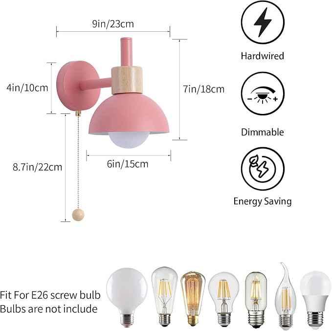 1-Light Nordic Bathroom Wall Sconce with Pull Chain Switch, Modern Vanity Wall Lamp, Bedside Wall Lights for Mirror Kitchen Living Room Hallway Cabinet Porch(Pink)