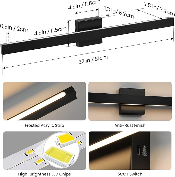 Modern Bathroom Vanity Light Black Bathroom Light Fixture Over Mirror 32 Inch 26W Dimmable 5CCT LED Vanity Light Bar for Bathroom Mirror Cabinets Bedroom