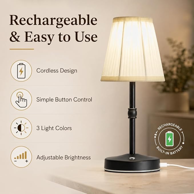 3000mah Battery Powered Lamp for Home,Small Cordless Lamps Rechargeable,3 Color Temperature 5W LED Touch Lamp Battery Operated Table Lights,Wireless Lamps for Tables,Kitchen,Living Room (Black,H11”)