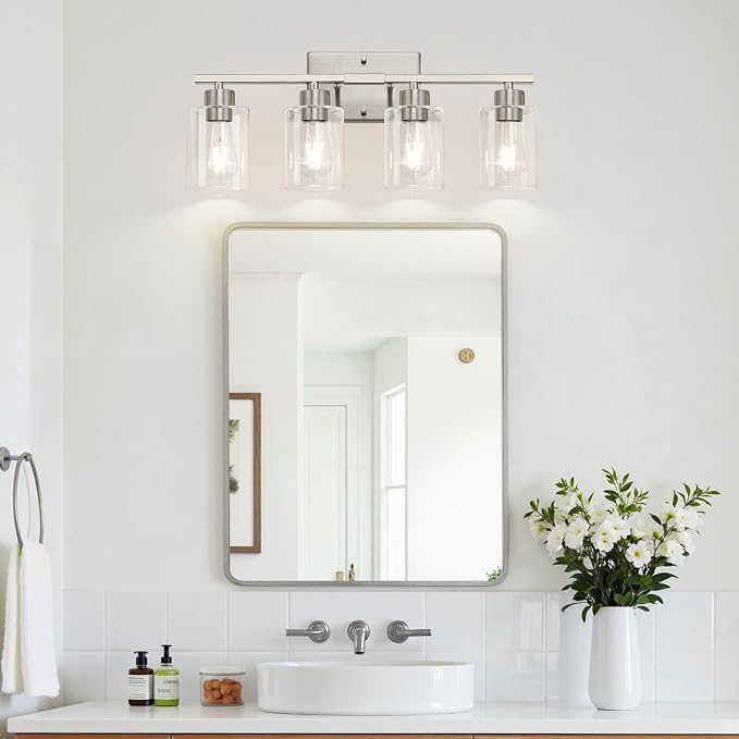 4-Light Bathroom Light Fixtures, Brushed Nickel Vanity Lights, Bathroom Lighting with Clear Glass Shade, Vanity Lighting fixtures for Mirror Kitchen Bedroom Hallway Living Room