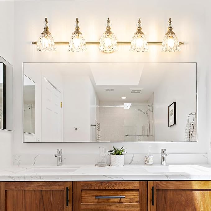 Brushed Antigue Brass Bathroom Light Fixtures, 5 Lights Vanity Light with Flower Glass Shade, Bathroom Vanity Light Over Mirror, Vintage Sconces Wall Lighting for Hallway Livingroom Bedroom