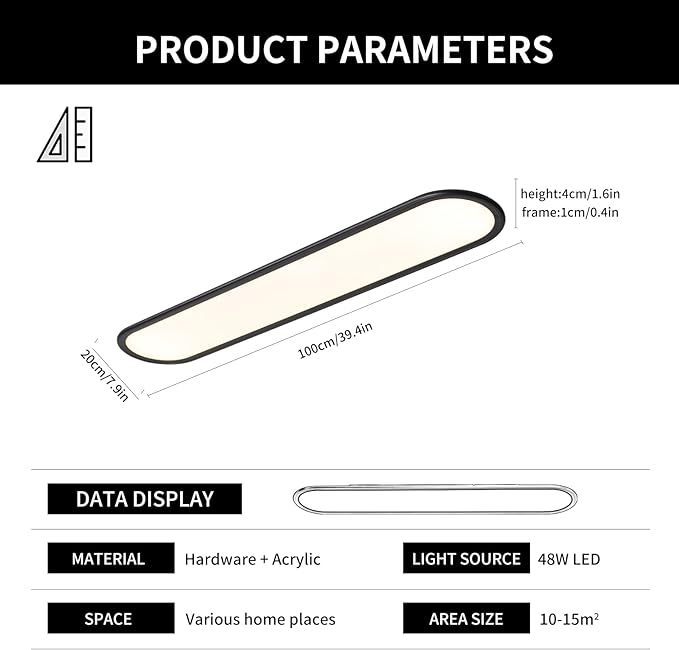 Modern Linear Ceiling Lights,48W Dimmable LED Ceiling Lamp, High Brightness Long Ceiling Light,39.4 Inch Ultra Thin Low Profile Light Fixture for Bedroom Kitchen Closet Hallway,Black