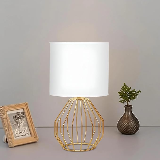 Gold Table Lamp, Small Bedside Nightstand Lamps with White Fabric Shade, Metal Base and ON/Off Switch Desk lamp, Modern Geometric Lamp for Bedrooms Living Room Office Foyer Kids Room