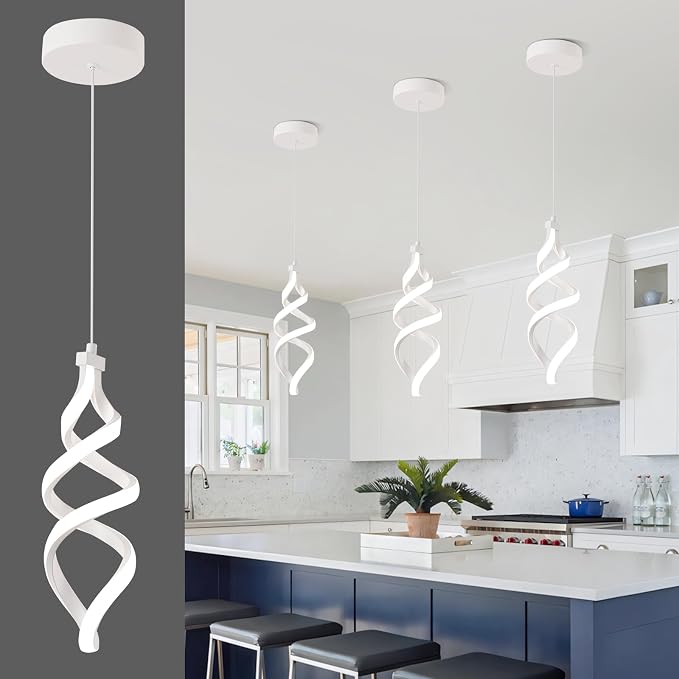 Modern Led Pendant Light Fixture, 15W White Spiral Led Chandelier Hanging Lamp, 4500K Daylight White Pendant Lamp, Adjustable Height Pendant Light for Kitchen Dining Room Bedroom Kitchen Island Cafe