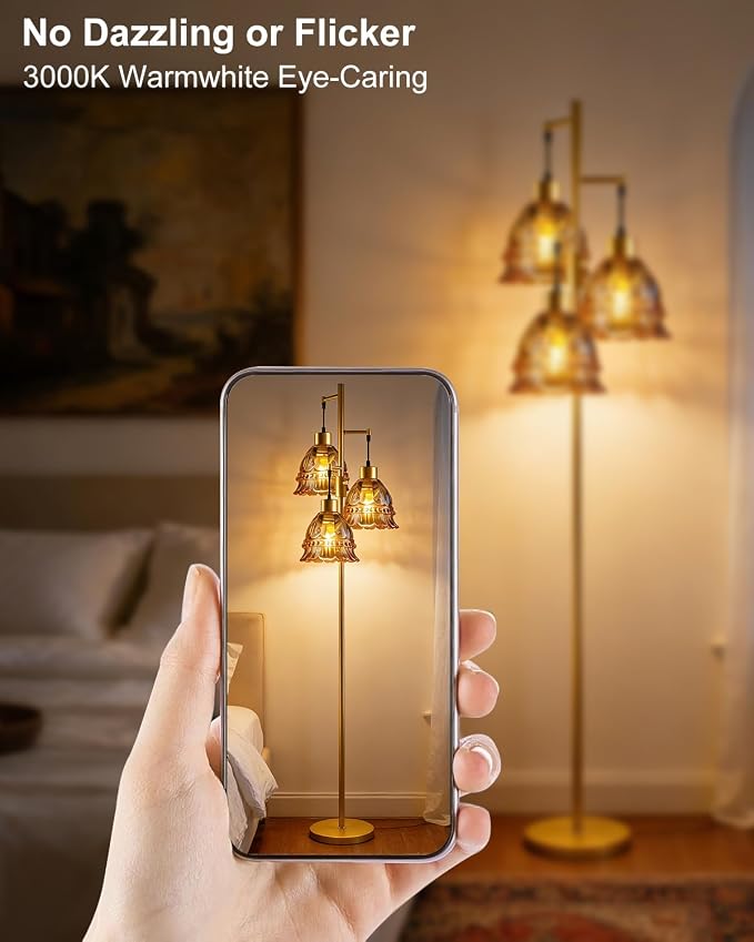 Lightdot 3-Lights Glass Floor Lamp Dimmable Gold Floor Lamps with Brown Glass Shade 3000K Bulbs Included Unique Modern Standing Tall Lamp with 5Lbs Heavy Base for Living Room/Bedroom/Sofa Beside
