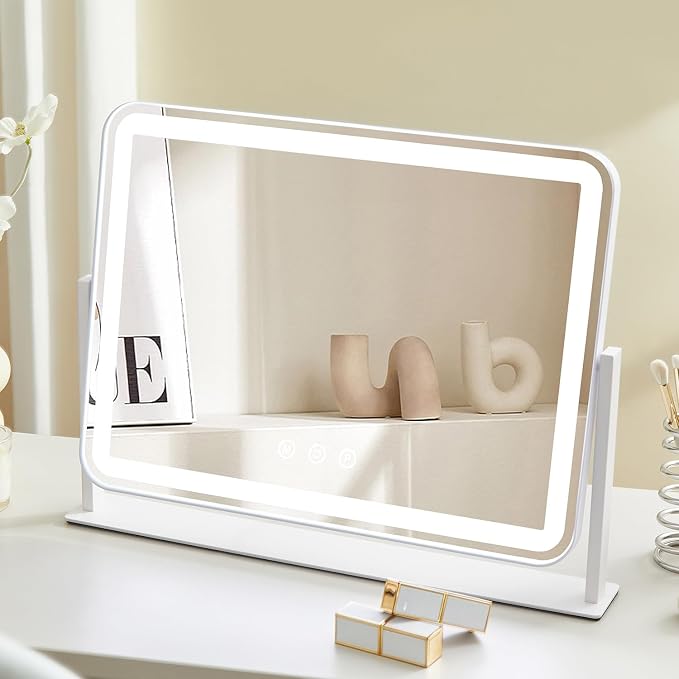 HIEEY Vanity Mirror with Lights, 13.5" x 17.4" Makeup Mirror with Lights, Three Color Lighting Modes, and 5X Magnification Mirror, Smart Touch Control, 360°Rotation (White,Gift Box)