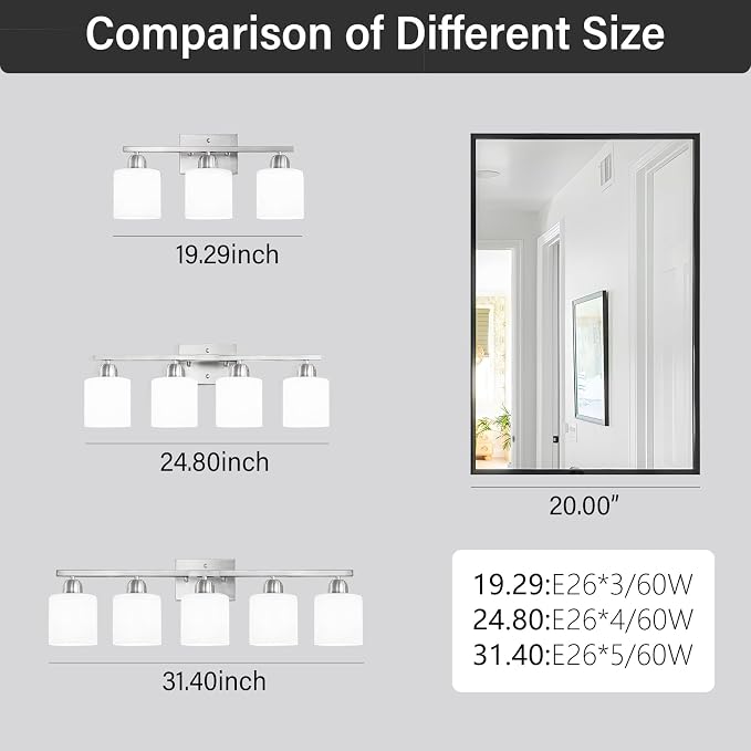 5 Light Bathroom Light Fixtures Brushed Nickel,Anti-Rust Finish Bathroom Vanity Light with Milky White Frosted Glass Shade for Mirror Bedroom Living Room E26 Base