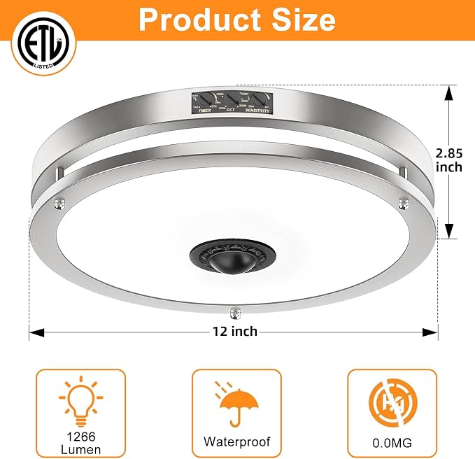 12" Nickle LED Motion Sensor Outdoor Ceiling Light, 5CCT, 24W | Dusk to Dawn, 2700K/3000K/3500K/4000K/5000K Dimmable, 4 Lighting Modes, Flush Mount Ceiling Light for Entryway, Garage