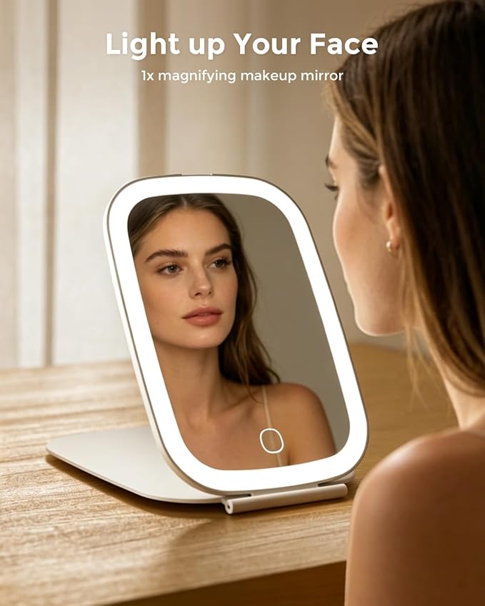 NEZZOE Rechargeable Travel Makeup Mirror with LED Light, 7x5 Inch | Portable Lighted Makeup Mirror, 3 Lighting Modes, Dimmable Touch Control, Foldable Compact Vanity Mirror