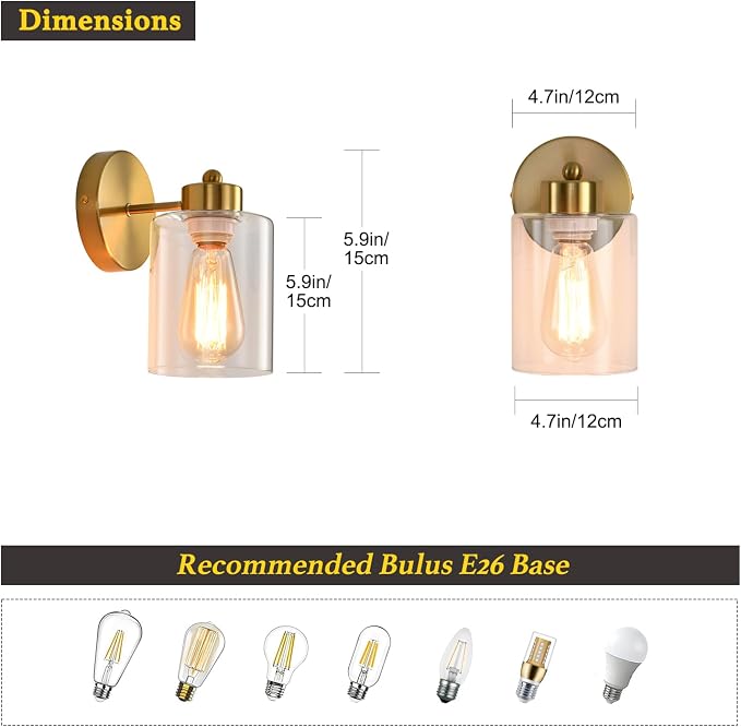 Metal Sconces Wall Lighting with Clear Glass Shade, Bathroom Vanity Light Matte Black Wall Sconce, Modern Wall Light Fixtures