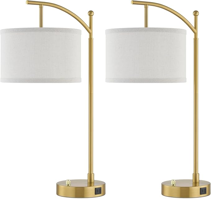 Table Lamp for Living Room Bedroom, 23.5" Table Lamps Set of 2 with USB C+A Ports, Bedside Lamps for Nightstand with Linen Lamp Shades, 2 Dimmable LED Bulbs Included, Gold