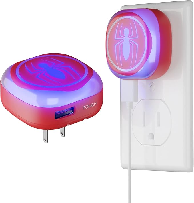 iJoy Marvel Spiderman Night Light with Touch LED and USB Charging Port- Spider Man Stuff/Spider-Man Gifts for Boys and Fans of Marvel- Foldable Plug and Build in USB Phone Charger- Spiderman décor