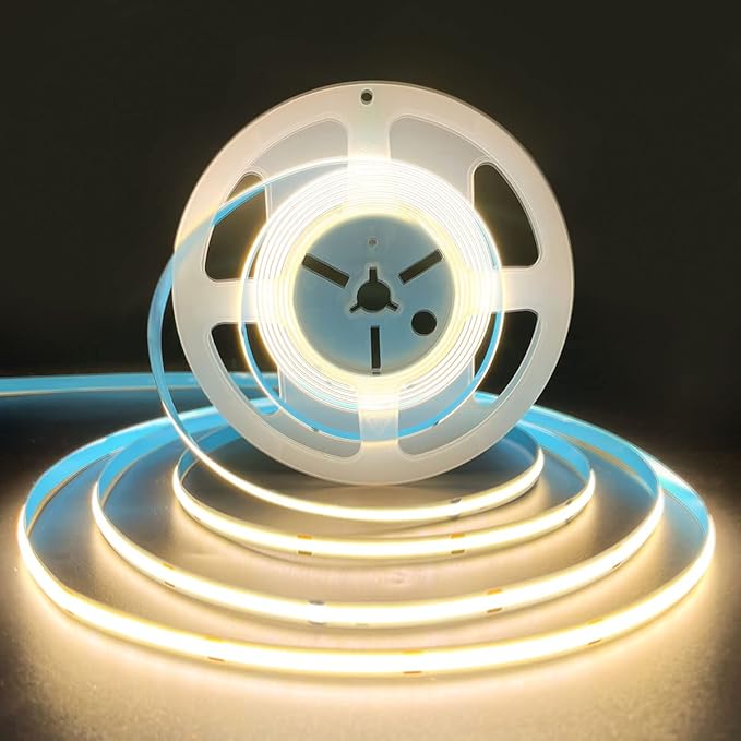 HAMRVL COB LED Strip Lights Warm White 3000K,DC12V 16.4ft/5M 320leds/M CRI90 Bright Flexible LED Tape 8mm, for Indoor Home Cabinet，Bedroom,Kitchen,Stage,Backlight DIY Lighting(Without Power Supply)