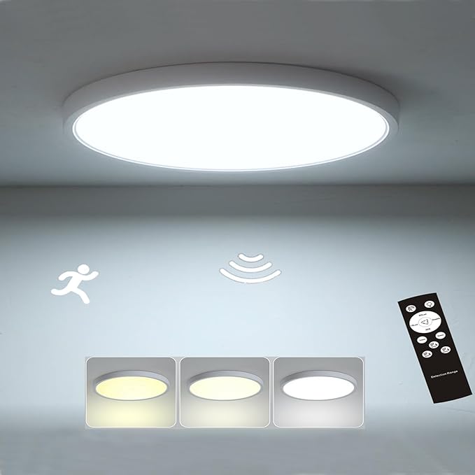 12 Inch Motion Sensor Light Indoor, White | Hardwired, Remote Control Dimmable, Automatic ON/Off, 3000k/4000k/6000k, Round