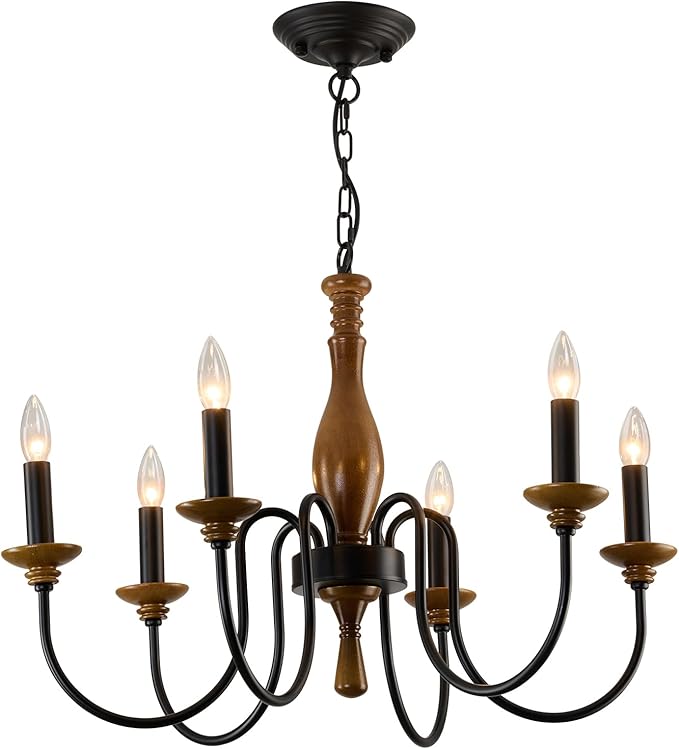 Farmhouse Wood Chandelier for Dining Room Rustic Candle Ceiling Chandelier Black Adjustable Hanging Light Fixture for Kitchen Living Room Foyer Entryway