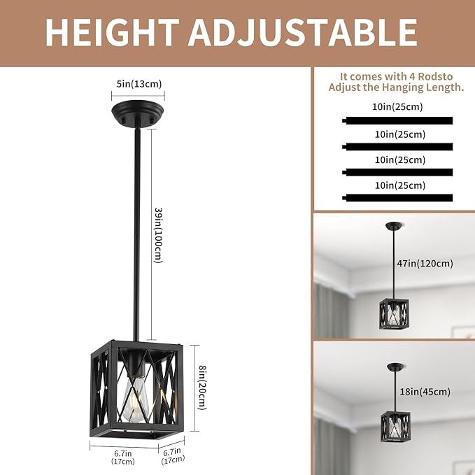 KEESFU Farmhouse Pendant Light with Metal Cage,1 Light Black Pendant Lighting for Kitchen Island,39 Inch Adjustable Rods for Flat and Slop Ceiling,Kitchen Island Hallway Foyer.2 Pack.
