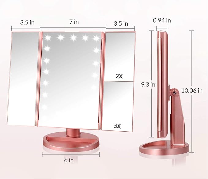 Infitrans Trifold Makeup Mirror Vanity Mirror with Lights,1X 2X 3X Magnification,Touch Control,Adjustable Rotation,Dual Power Supply,Portable Travel Cosmetic Mirror,Birthday Gifts for Women,Teengirls