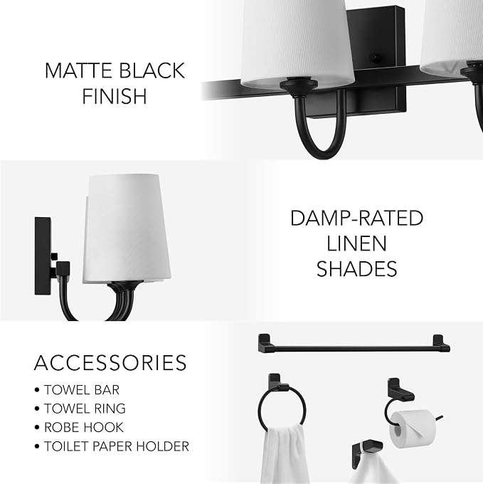 Globe Electric 63000206 5-Piece All-in-One Bathroom Set, 3-Light Vanity Light, Matte Black, Linen Shades, Towel Bar, Robe Hook, Toilet Paper Holder, Towel Ring, Bathroom Lights Over Mirror