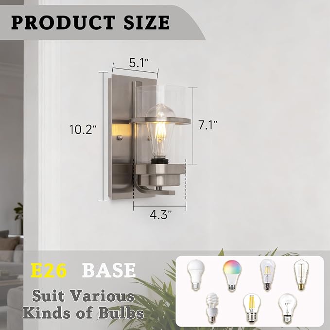 Brushed Nickel Modern Wall Sconces,Bathroom Light Fixture,10.2 in | E26 Base,modern wall sconces for hallways,stairs,bedroom,beside lights wall mounted