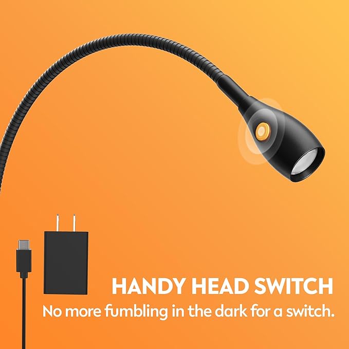 acegoo Minimalist Reading Light for Bed Headboard Dimmable Book Light Clip on Lamp with USB-C Adapter, Flexible Neck & Handy Lamp Head Switch, CRI 95+