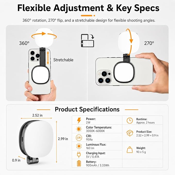 Magnetic Selfie Light Compatible with MagSafe, Foldable LED Phone Light with Mirror, 72 LEDs Stepless Brightness & Color Temperature, 360° Rotating Fill Light for Selfies, Makeup, TikTok, Zoom