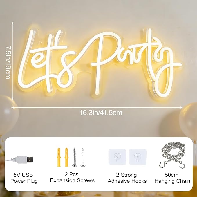 Let‘s Party Neon Sign for Party Wall Decor, LED Lets Party Light up Sign for Backdrop, 16"x 7" USB Powered 10 Warm Brightness Settings Light up Signs Birthday Bachelorettle Wedding Parties Bar