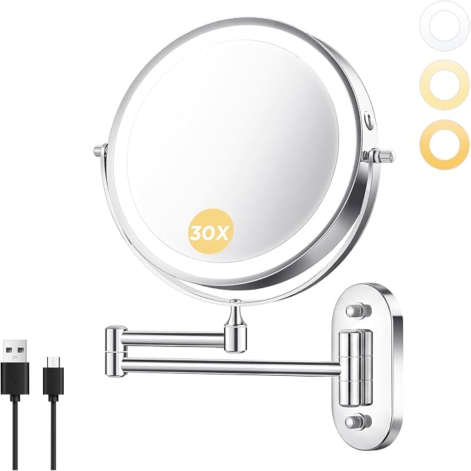 Wall Mounted Makeup Mirror, 8 Inch, 1X/30X, Rechargeable 4000mAh | Double-Sided LED Mirror with Extendable Arm and 360° Swivel for Makeup, Skincare, Shaving, and Bathroom Vanities