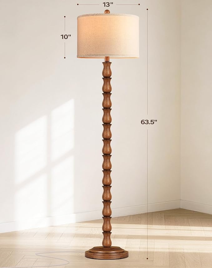 63.5" Rustic Floor Lamp for Living Room, Farmhouse Floor Lamp with Rotary Switch & Linen Shade, Vintage Resin Tall Standing Lamp for Bedroom Corner Office Home Decor, Light Walnut (LED Bulb Included)