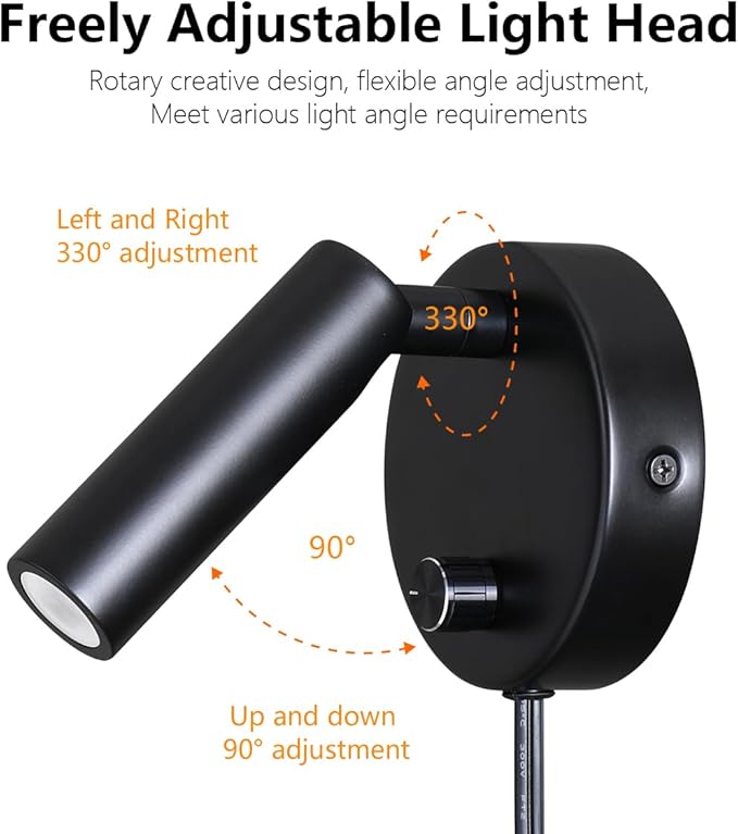 Surface Wall Mounted Reading Light Sconces Lamp Physical Knob Dimmer Switch LED 5W Warm White 3000K (Black Plug Cord)