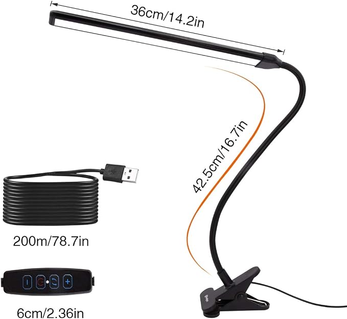 Clamp on Lamp, Clip Light, Desk Lamps 3 Color Temperature Setting, 10 Brightness Levels, 2m USB Cord Power Supply and AC Adapter Included, Pack of 2 (Black)