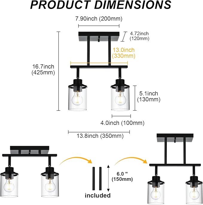 Yaohong 2-Light Kitchen Track Light Fixtures Ceiling Vanity Lights Black, Bathroom Track Lighting Kit with Ajustable Heads, Modern Wall Ceiling Tracking Light for Hallway Shop