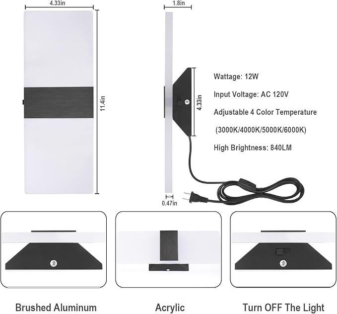 TRLIFE Modern LED Wall Sconce, Adjustable 4 Color Temperature 12W Morden Wall Sconce Plug in, Acrylic Wall Mounted Light Wall Lights with 6FT Plug in Cord for Bedroom Bedside Stairway(1 Pack, Black)