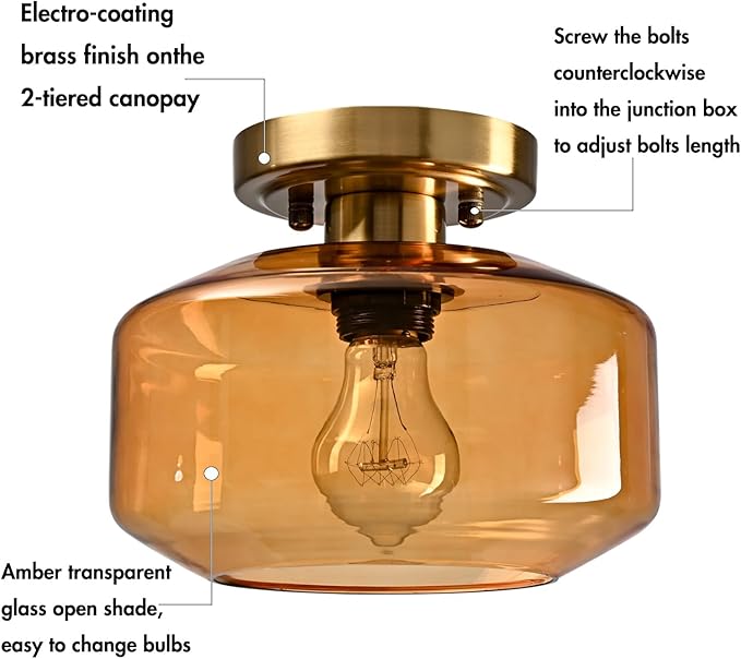 Mid Century Modern Ceiling Light Amber Glass Vintage Mount Light Fixture Small Pumpkin Glass Ceiling Light for Kitchen Dining Laundry Room Foyer Porch