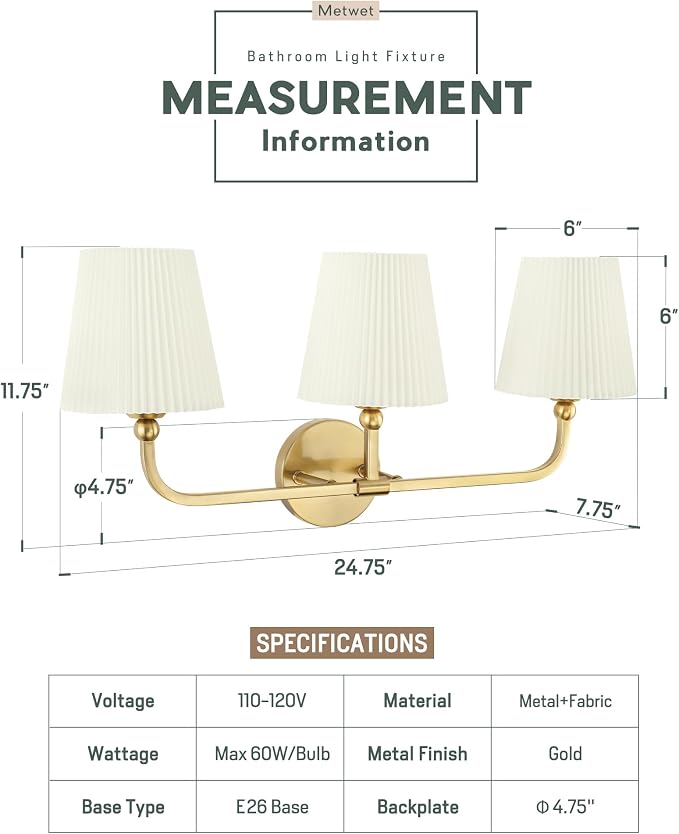 3-Light Gold Bathroom Vanity Light, Beige Pleated Fabric Shade | 25" 3-light gold double wall sconce with beige pleated fabric shades, E26 bulbs, hardwired, upward only, VL837-BG-Z-B-3